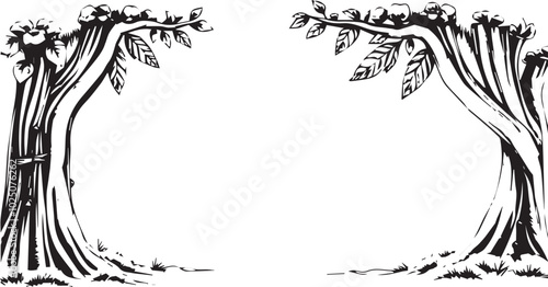 Two stylized trees create a frame on a white background. 