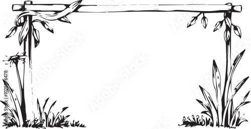 Black and white illustration of a horizontal wooden plank with leafy branches growing around it.