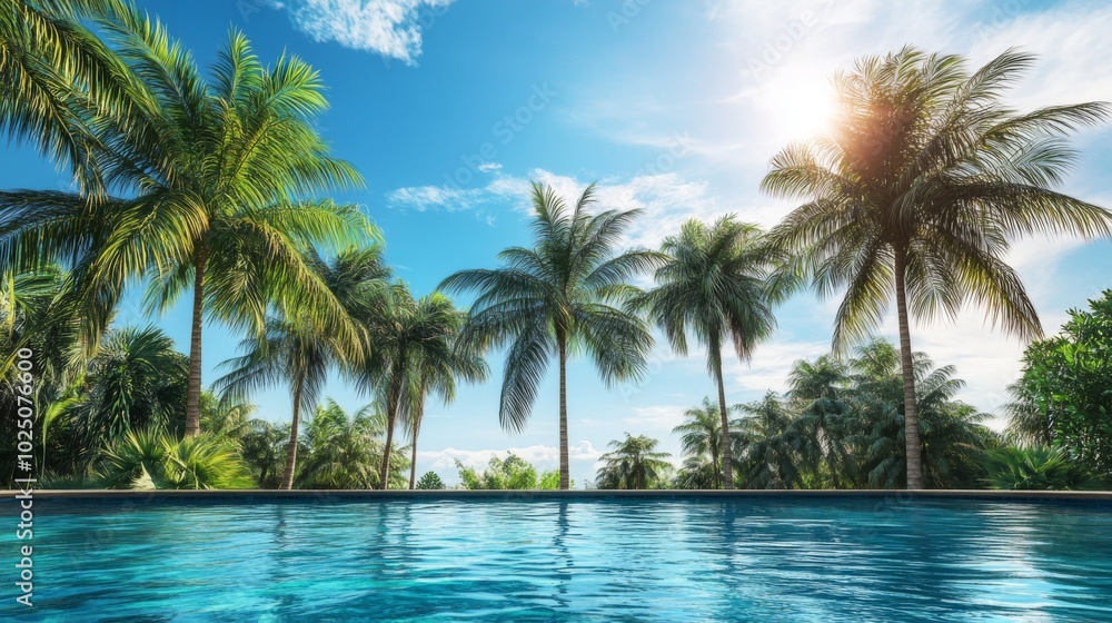 Tranquil Pool Surrounded by Palm Trees and Lush Greenery Tranquil Pool Surrounded by Palm Trees and Lush Greenery