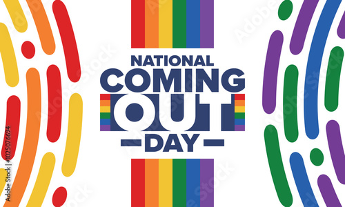 National Coming Out Day. Happy holiday. Pride month. LGBT rainbow flag. Diversity and equality. Gay and lesbian. Free love, heart shape. Illustration. Vector poster