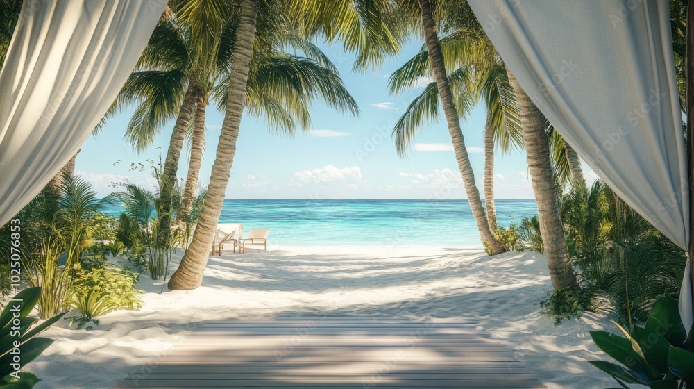 Fototapeta premium Tropical Beach View Through White Curtains