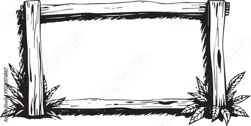 A hand-drawn frame of wooden beams and foliage. 