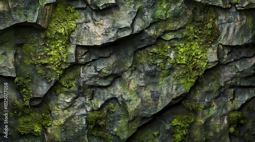 Ancient stone cave wall with layered earthy tones and weathered texture, ideal for wallpapers and backgrounds, crafted with precise artificial intelligence detailing. Mossy Cave. Illustration