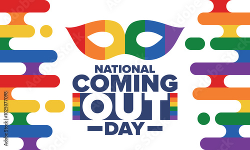 National Coming Out Day. Happy holiday. Pride month. LGBT rainbow flag. Diversity and equality. Gay and lesbian. Free love, heart shape. Illustration. Vector poster