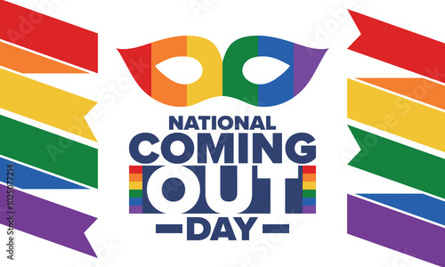 National Coming Out Day. Happy holiday. Pride month. LGBT rainbow flag. Diversity and equality. Gay and lesbian. Free love, heart shape. Illustration. Vector poster