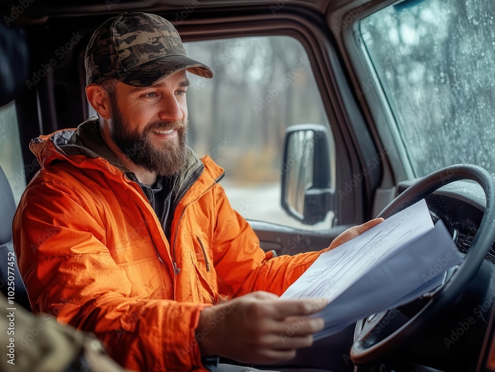 Truck driver handing over paperwork at a checkpoint, representing the administrative side of logistics Truck driver handing over paperwork at a checkpoint, representing the administrative side of logistics
