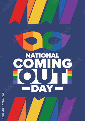 National Coming Out Day. Happy holiday. Pride month. LGBT rainbow flag. Diversity and equality. Gay and lesbian. Free love, heart shape. Illustration. Vector poster