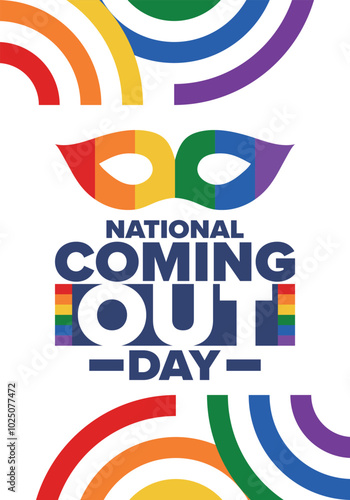 National Coming Out Day. Happy holiday. Pride month. LGBT rainbow flag. Diversity and equality. Gay and lesbian. Free love, heart shape. Illustration. Vector poster