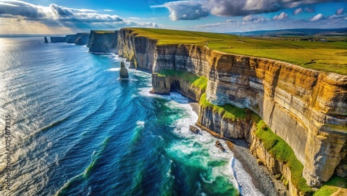 Landscape of cliffs stretching along the sea High Angle