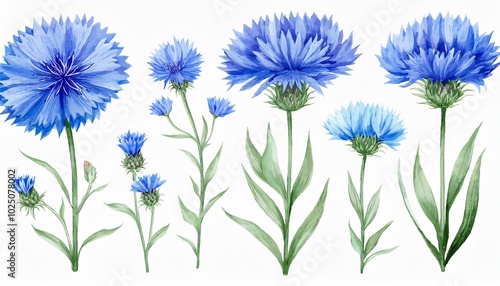 Watercolor set of blue cornflowers blooming gracefully