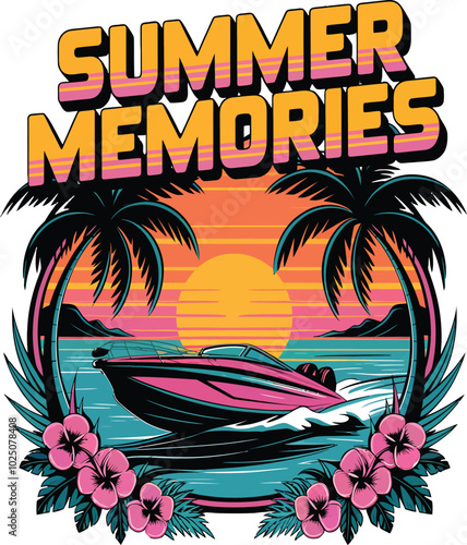Tropical Sunset and Speedboat Adventure for T-Shirt design