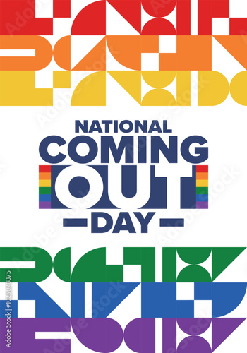 National Coming Out Day. Happy holiday. Pride month. LGBT rainbow flag. Diversity and equality. Gay and lesbian. Free love, heart shape. Illustration. Vector poster