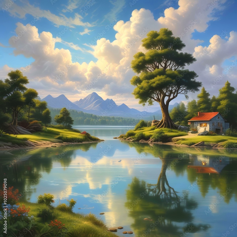 Obraz premium Illustration of stunning summer landscape with heavenly sky.