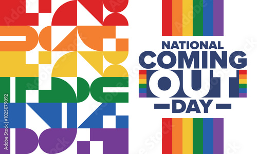 National Coming Out Day. Happy holiday. Pride month. LGBT rainbow flag. Diversity and equality. Gay and lesbian. Free love, heart shape. Illustration. Vector poster