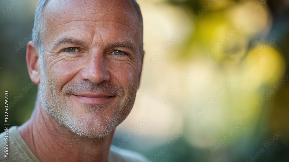Close-up of a smiling mature man posing for a photograph, blurred background. Minimalistic image focusing on his expression. Close-up of a smiling mature man posing for a photograph, blurred background. Minimalistic image focusing on his expression.