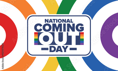 National Coming Out Day. Happy holiday. Pride month. LGBT rainbow flag. Diversity and equality. Gay and lesbian. Free love, heart shape. Illustration. Vector poster