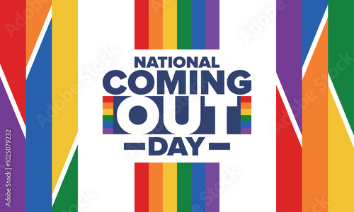 National Coming Out Day. Happy holiday. Pride month. LGBT rainbow flag. Diversity and equality. Gay and lesbian. Free love, heart shape. Illustration. Vector poster