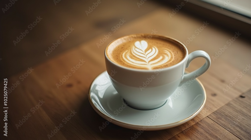 White cup of cappuccino on saucer with latte art on wooden table background. White cup of cappuccino on saucer with latte art on wooden table background.