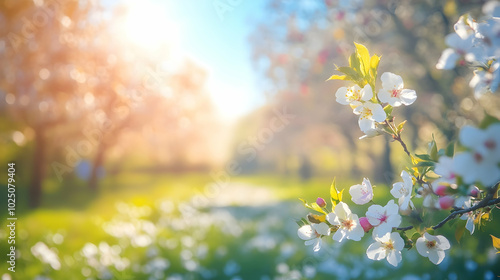 Beautiful spring background with soft focus trees, blooming flowers, and a bright blue sky