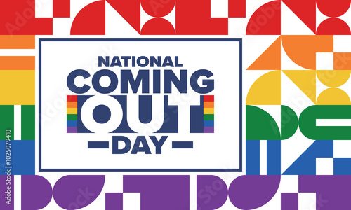 National Coming Out Day. Happy holiday. Pride month. LGBT rainbow flag. Diversity and equality. Gay and lesbian. Free love, heart shape. Illustration. Vector poster