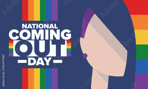National Coming Out Day. Happy holiday. Pride month. LGBT rainbow flag. Diversity and equality. Gay and lesbian. Free love, heart shape. Illustration. Vector poster