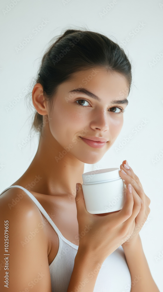 Woman with a skincare jar promoting natural beauty care Woman with a skincare jar promoting natural beauty care