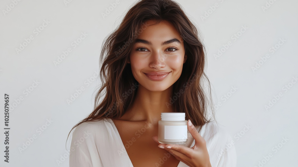 Woman smiling while holding skincare cream jar Woman smiling while holding skincare cream jar