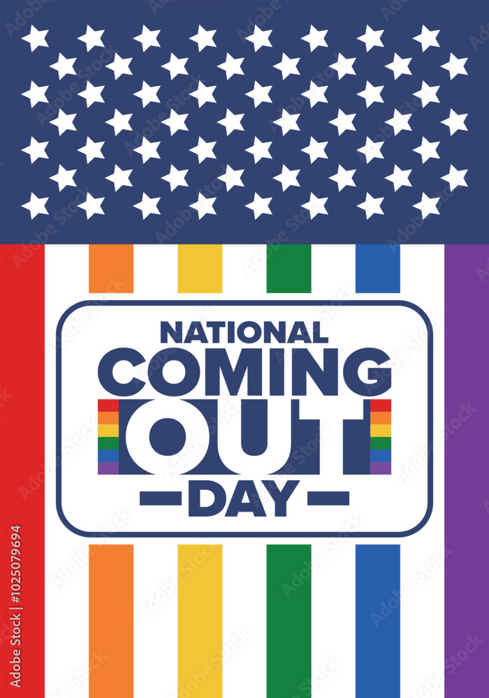 Fototapeta premium National Coming Out Day. Happy holiday. Pride month. LGBT rainbow flag. Diversity and equality. Gay and lesbian. Free love, heart shape. Illustration. Vector poster