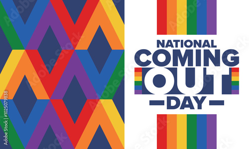 National Coming Out Day. Happy holiday. Pride month. LGBT rainbow flag. Diversity and equality. Gay and lesbian. Free love, heart shape. Illustration. Vector poster