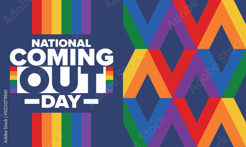 National Coming Out Day. Happy holiday. Pride month. LGBT rainbow flag. Diversity and equality. Gay and lesbian. Free love, heart shape. Illustration. Vector poster