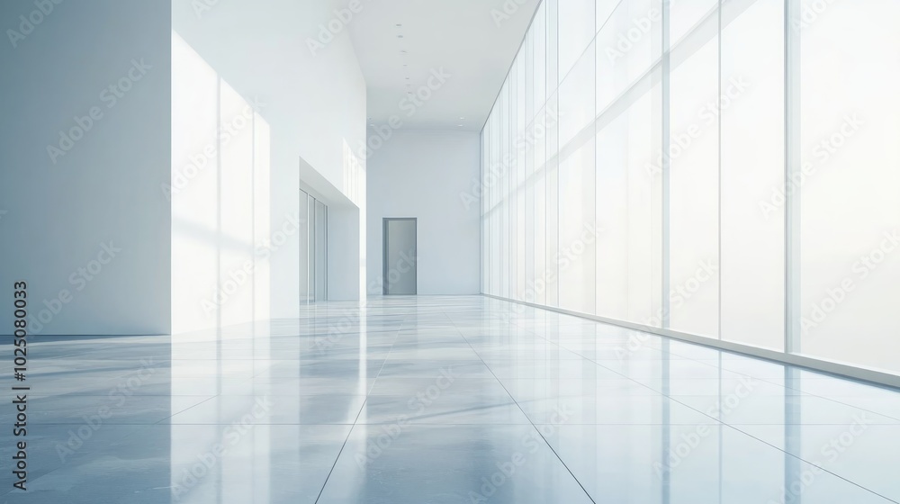 A minimalist hallway with large windows and a white tiled floor. The sunlight streams through the windows, creating a bright and airy atmosphere. A minimalist hallway with large windows and a white tiled floor. The sunlight streams through the windows, creating a bright and airy atmosphere.