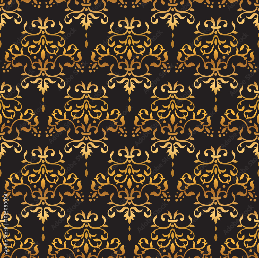 Golden ornate wallpaper pattern on black background . Golden ornate wallpaper pattern on black background .