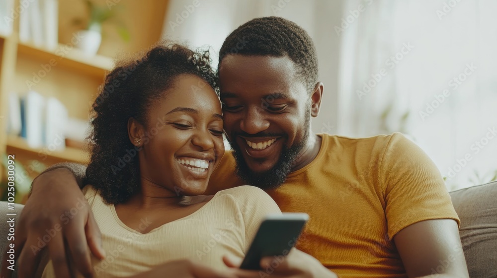 Couple using a smartphone for a video chat with friends, relaxed in their living room. Clean image with minimal distractions. Couple using a smartphone for a video chat with friends, relaxed in their living room. Clean image with minimal distractions.