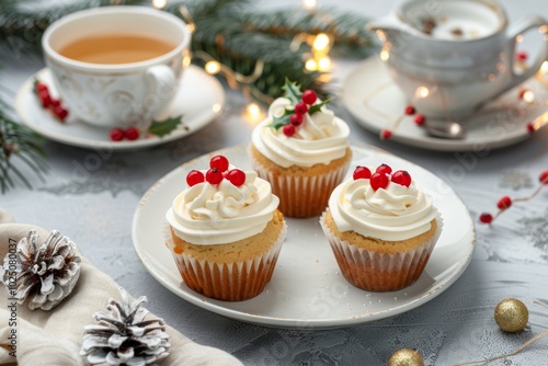 Festive Cupcakes topped with icing and holly decorations, spruce branch and cranberries. Image for cafe menu, Banner. Christmas iced little cakes. Joyous holiday celebrations and gatherings. Cup cakes