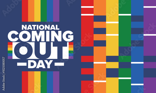 National Coming Out Day. Happy holiday. Pride month. LGBT rainbow flag. Diversity and equality. Gay and lesbian. Free love, heart shape. Illustration. Vector poster