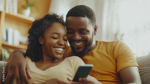 Couple using a smartphone for a video chat with friends, relaxed in their living room. Clean image with minimal distractions.