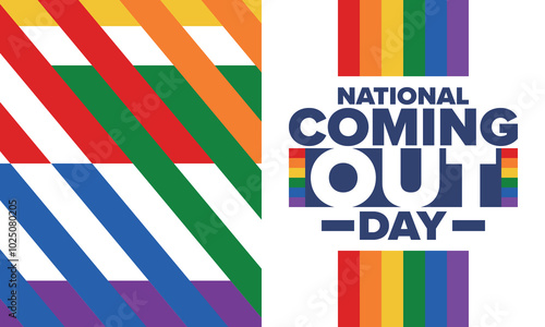 National Coming Out Day. Happy holiday. Pride month. LGBT rainbow flag. Diversity and equality. Gay and lesbian. Free love, heart shape. Illustration. Vector poster