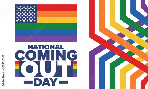 National Coming Out Day. Happy holiday. Pride month. LGBT rainbow flag. Diversity and equality. Gay and lesbian. Free love, heart shape. Illustration. Vector poster