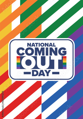 National Coming Out Day. Happy holiday. Pride month. LGBT rainbow flag. Diversity and equality. Gay and lesbian. Free love, heart shape. Illustration. Vector poster