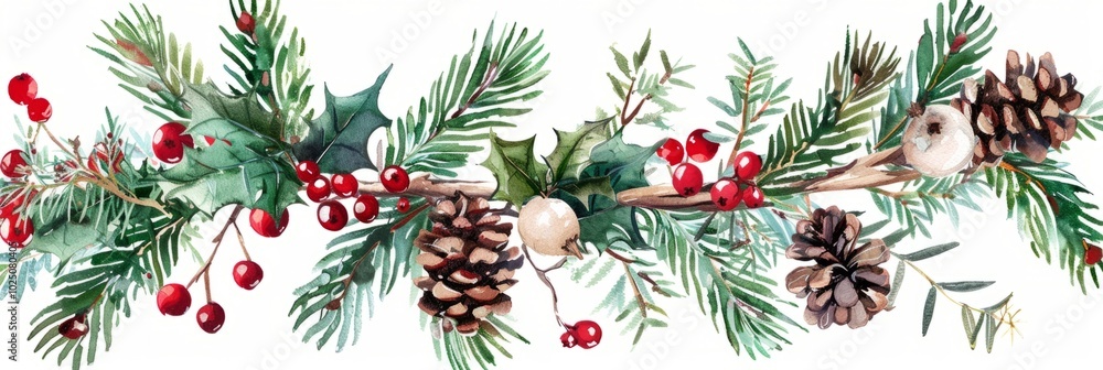 A festive digital painting of a Christmas garland with lush evergreen branches, red berries, and pine cones, perfect for adding traditional holiday elegance to any setting, banner A festive digital painting of a Christmas garland with lush evergreen branches, red berries, and pine cones, perfect for adding traditional holiday elegance to any setting, banner