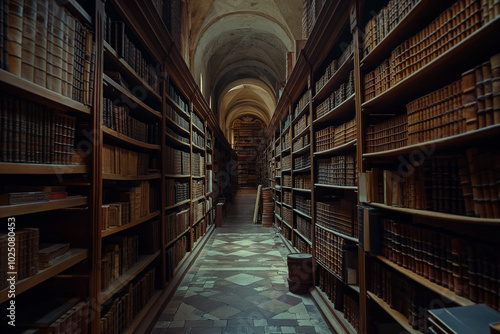 Old library with wooden decor and tall bookshelves