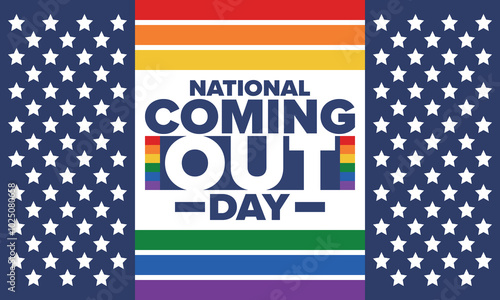 National Coming Out Day. Happy holiday. Pride month. LGBT rainbow flag. Diversity and equality. Gay and lesbian. Free love, heart shape. Illustration. Vector poster