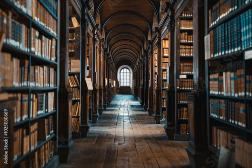 Vintage library with wooden bookshelves and classic decor