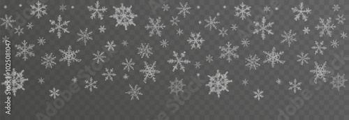 Vector snow falling from above. Snowfall on isolated transparent background. Christmas or winter background. Snow or snowflakes png.