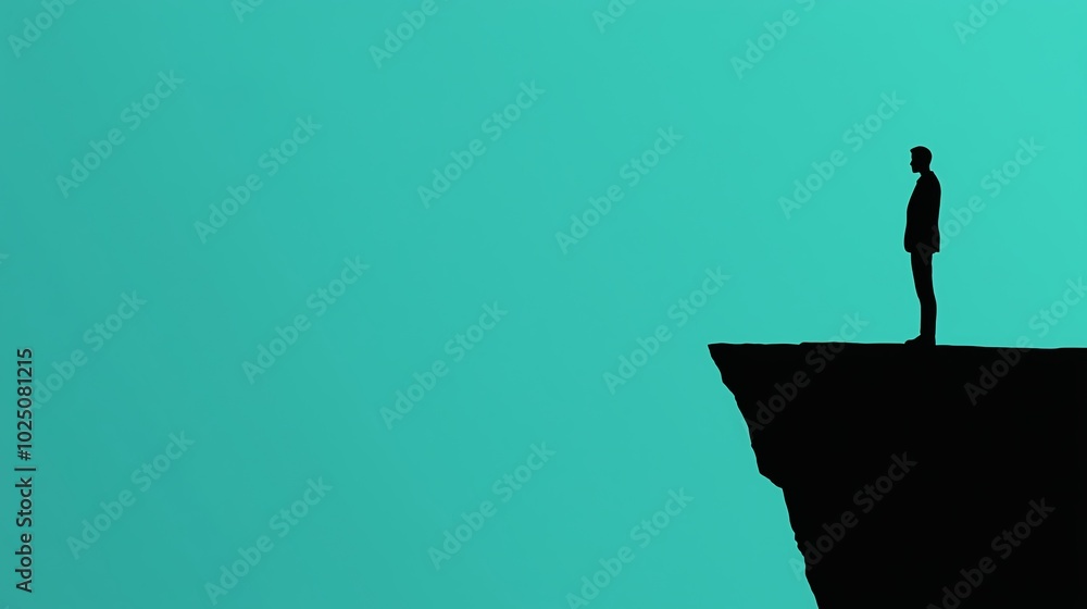 Silhouette of a person standing on the edge of a cliff against a turquoise sky, symbolizing courage, contemplation, and determination. Silhouette of a person standing on the edge of a cliff against a turquoise sky, symbolizing courage, contemplation, and determination.