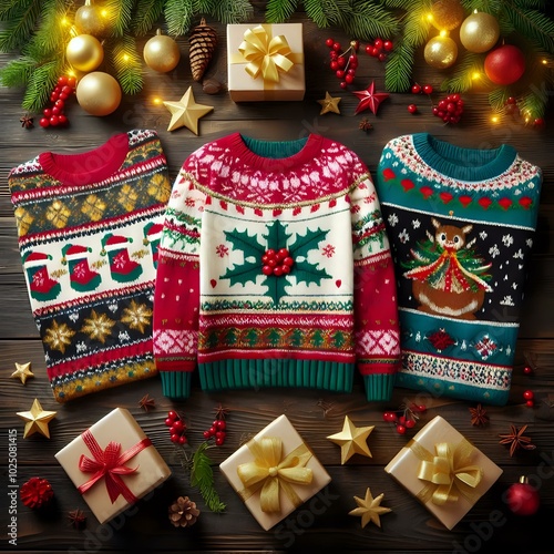 Festive Christmas Sweaters and Holiday Decorations