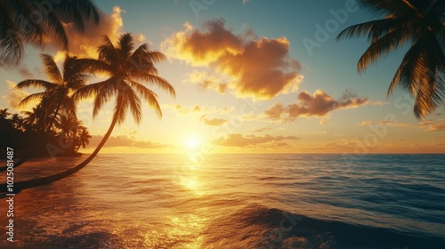 Silhouetted Palm Trees on a Tropical Beach at Sunset