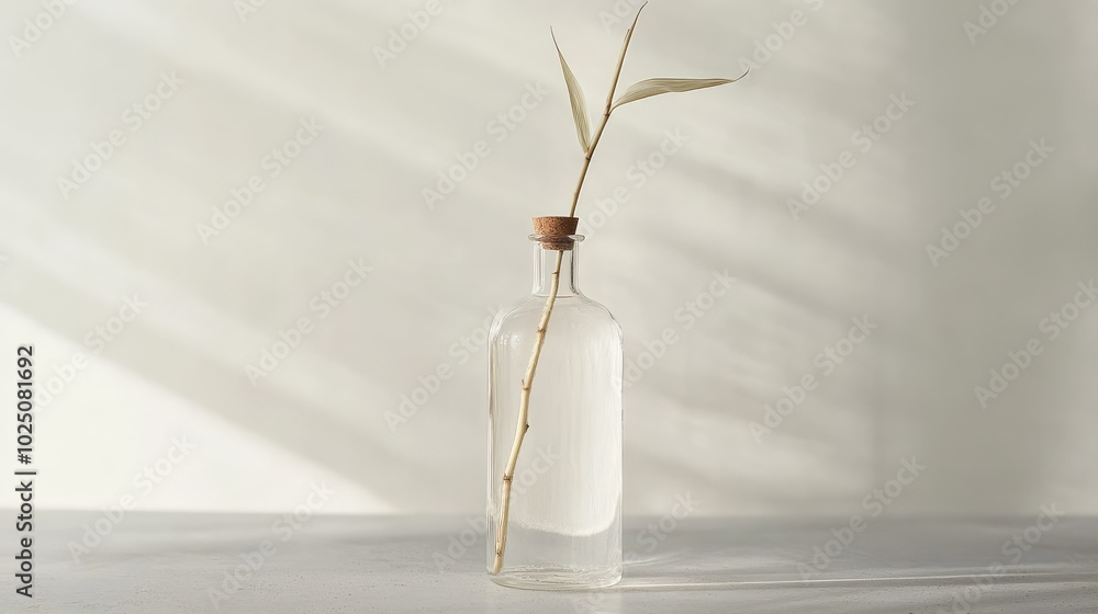 A minimalist shot of a glass bottle with a single bamboo stem, highlighting the elegant simplicity of the botanical design A minimalist shot of a glass bottle with a single bamboo stem, highlighting the elegant simplicity of the botanical design