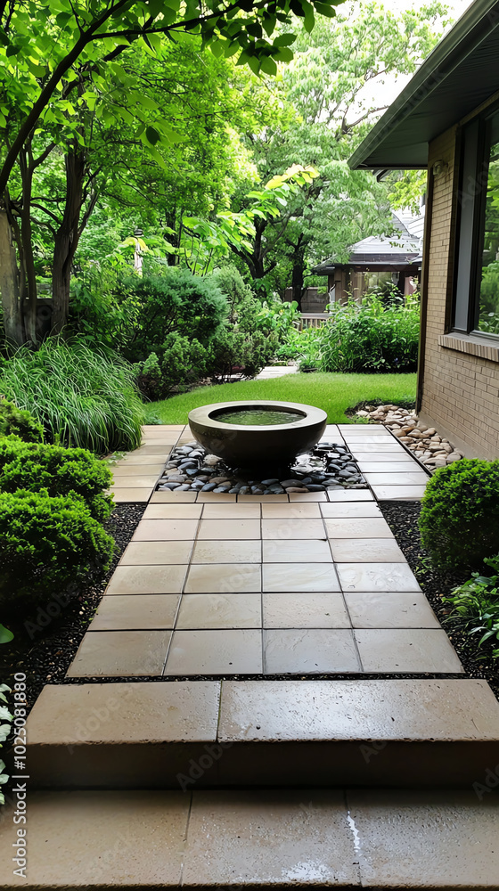 A front view of a garden patio with a small fountain, stone pavers, and a lush green landscape A front view of a garden patio with a small fountain, stone pavers, and a lush green landscape