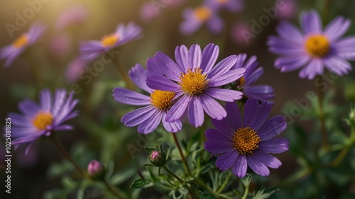 A cluster of purple daisies with yellow centers, bathed in soft, warm sunlight.